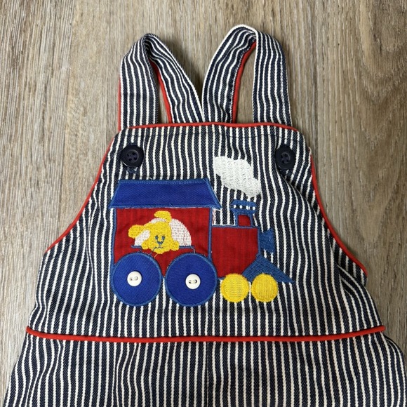 Vintage Health Tex Overalls Kids 12 Mo Train Blue Striped Golden Puppy 80s USA - Picture 8 of 11